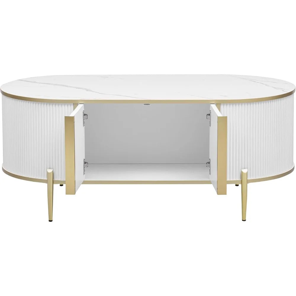 Oval Groove Coffee Table, Marble Patterned Top, 2 Cabinets and Metal Legs, Modern Luxury Center Table with Storage Space
