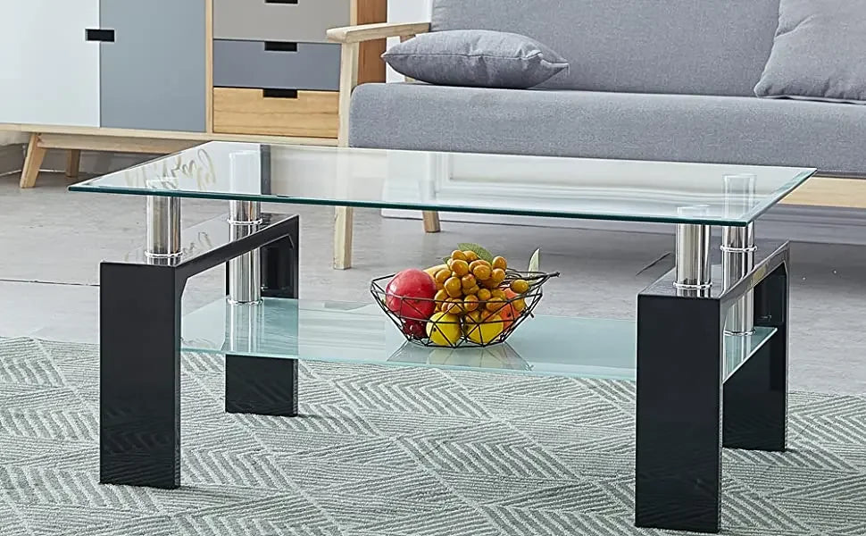 Tempered Glass Tabletop Stainless Steel Tube, 2-Tier Tea Table, Modern Center Side Table w/Lower Shelf & Wooden Legs