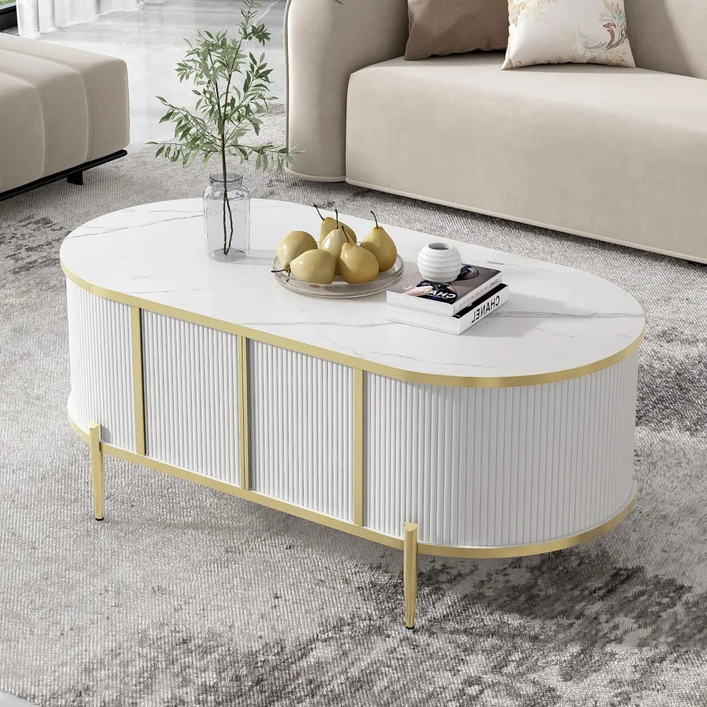 Oval Groove Coffee Table, Marble Patterned Top, 2 Cabinets and Metal Legs, Modern Luxury Center Table with Storage Space